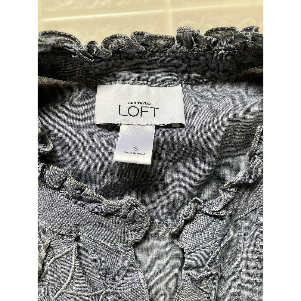Ann Taylor Loft Solid Blue Cotton Partial Button … - image 4